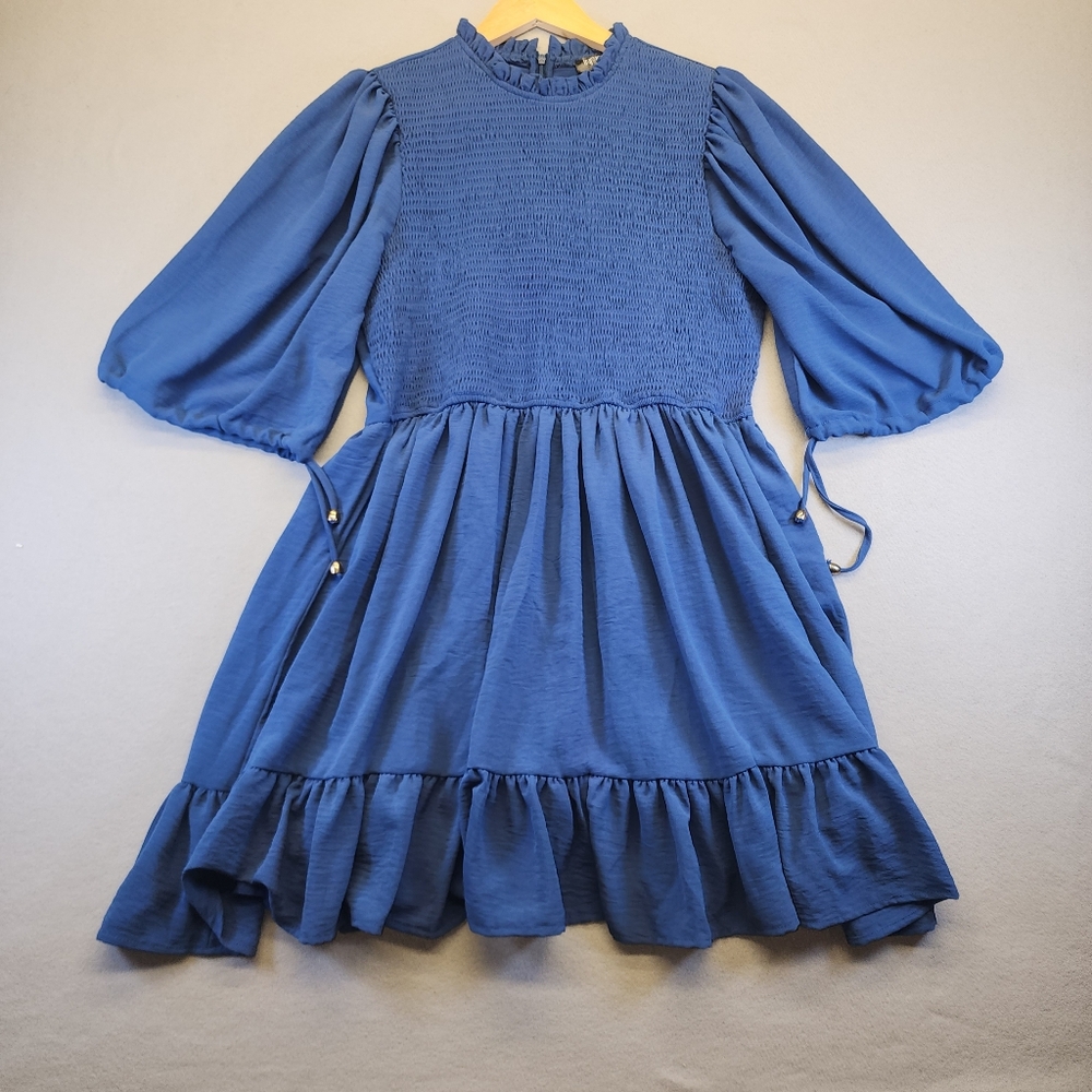 INFASHULE XL Blue Smocked Puff Sleeve‎ Mini Dress Boho Cottagecore